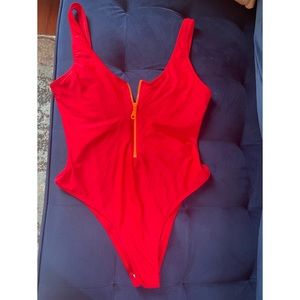 NWOT - Red one piece swimsuit high cut with zipper front